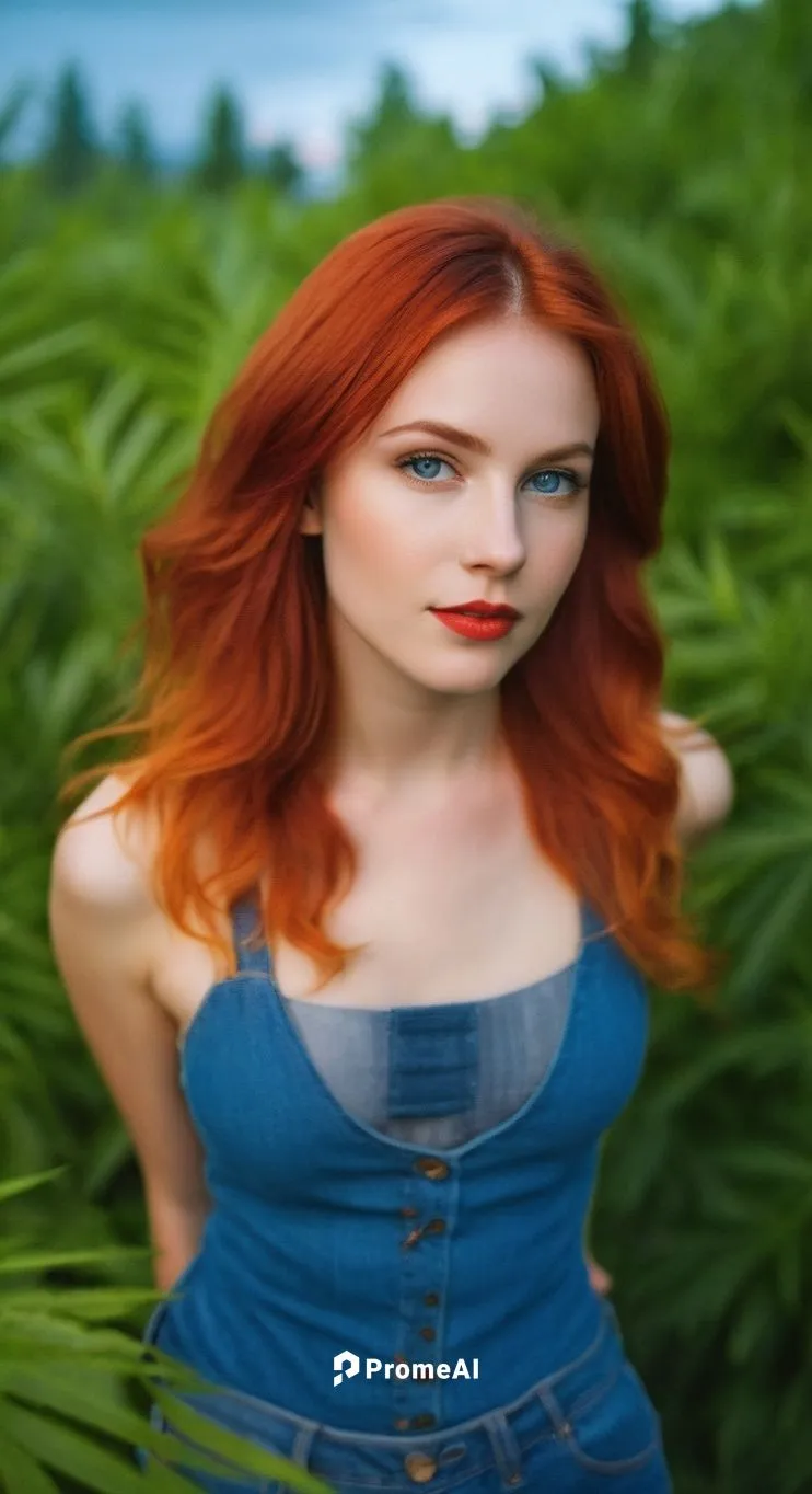 the sun dips below the horizon, casting a warm orange glow on the serene landscape of downtown park in New York. A beautiful caucasian girl dons a red hair, warm blue eyes, a fiery red lips, and a pai