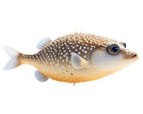 puffer fish, inflated body, white belly, brown back, spiky skin, big eyes, mouth closed, swimming pose, transparent fins, shallow water, soft sunlight, 3/4 composition, vibrant color tone, realistic t