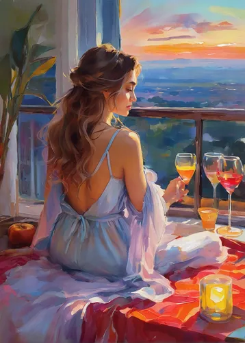 a glass of wine,romantic portrait,glass of wine,summer evening,romantic scene,romantic night,pink wine,aperitif,evening atmosphere,italian painter,oil painting,romantic look,in the evening,world digital painting,art painting,romantic dinner,wine,bottle of wine,sunset,ocean view,Illustration,Paper based,Paper Based 11