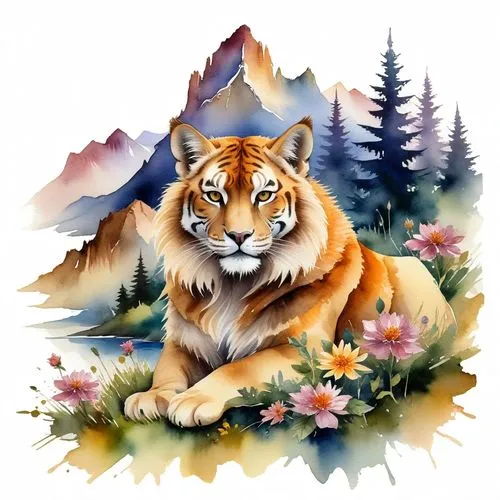 a tiger sitting in the grass by some flowers,tigon,forest king lion,felidae,mountain lion,tiger png,tigar