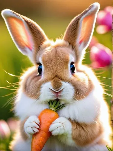 Blonde rabbit, cute expression, big blue eyes, pink nose, fluffy ears, white whiskers, golden fur, sparkly highlights, sitting pose, holding a carrot, flower field, sunny day, warm light, soft focus, 