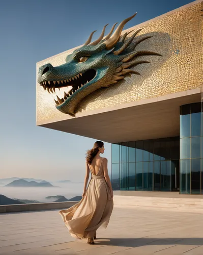 A captivating photograph captures the striking contrast between contemporary style and mythical dragon building. The dragon building's vibrant scales of turquoise and gold shimmer under a clear blue s