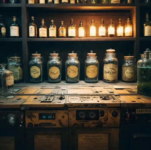 pub bar apothecary, strange jars,apothecary,chemical laboratory,potions,formula lab,laboratory,distillation,kerosene,pharmacy,brandy shop,bar counter,lab,serum,chemist,oscillator,control panel,unique 