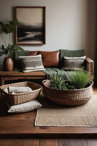 Shaker interior design style, minimalist, wooden furniture, simple lines, natural materials, earthy tones, beige walls, dark wood floors, handmade craftsmanship, vintage decor, woven baskets, green pl