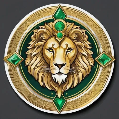 Fantasy emblem logo for gaming token depicting a lion emperor (including the word "Felidur"),luxury legendary token,golden border and gold and light green tones,illustration,vibrant((circular token)) 