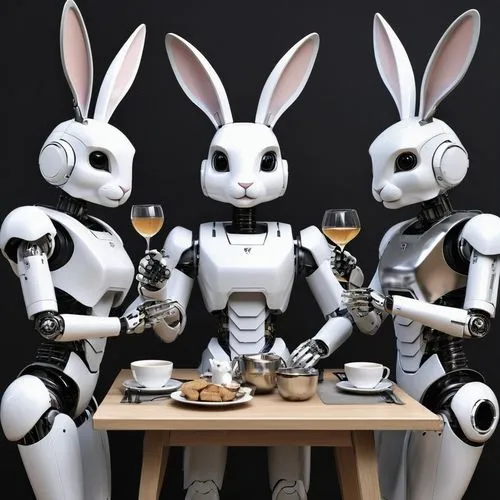 tea party, multiple robots, female robot, robot body, monochrome skin, anthropomorphic rabbit, female rabbit, rabbit face, rabbit tail,  metal tail, animal head, visible metal head, visible mechanisms