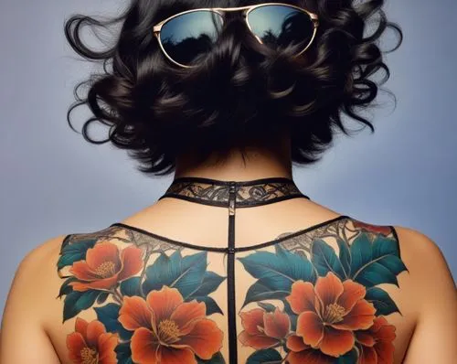  woman in sunglasses posing for the camera,lotus tattoo,tattoo girl,body art,vintage floral,chicanas,with tattoo