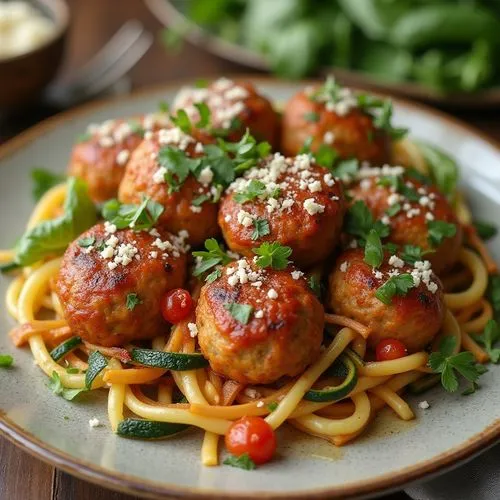 Turkey Meatballs with Zucchininoodles
Turkey Meatballs (3 medium): 180 kcal
Made with lean ground turkey, herbs, and spices.
Zucchininoodles (1½ cups): 25 kcal
Toss with a light tomato sauce (½ cup): 