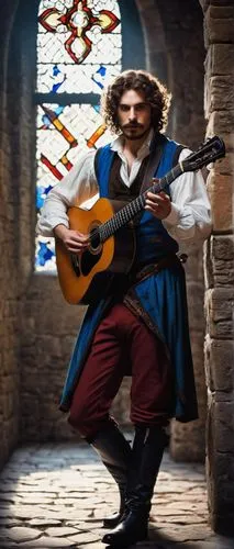 Medieval minstrel AI, male, 30yo, solo, long curly brown hair, pointed beard, mustache, bright blue eyes, white shirt with puffy sleeves, dark brown vest, red pants, black boots, lute in hand, standin