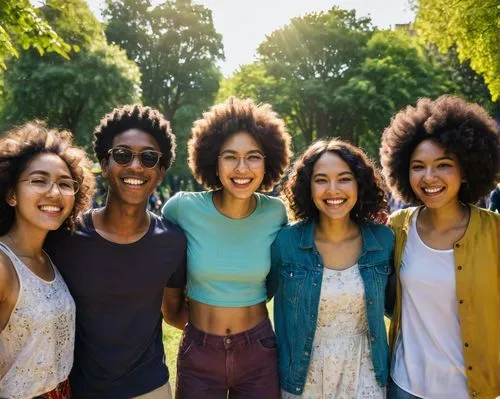 A number of young people of different colors, races, ethnicity, standing together in a city park, smiles, happy, solidarity, facing viewer.,a group of friends are all laughing while standing around,af