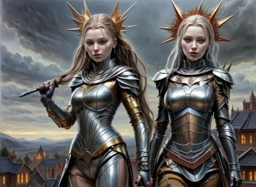 a painting of two girls in silver armor,sorceresses,valkyries,cuirasses,priestesses,eldar,fomorians