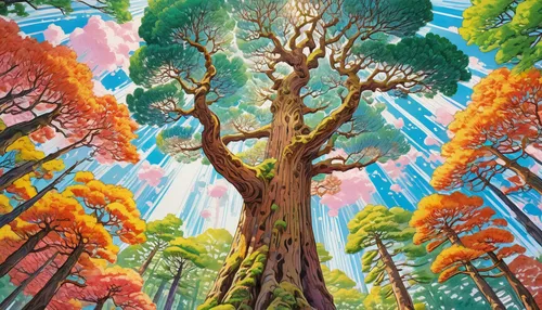 colorful tree of life,tree grove,trees with stitching,forest tree,the trees,forest landscape,tree tops,tree canopy,trees,deciduous forest,mushroom landscape,grove of trees,cartoon forest,old-growth forest,painted tree,magic tree,watercolor tree,holy forest,the forests,treetop,Illustration,Japanese style,Japanese Style 01