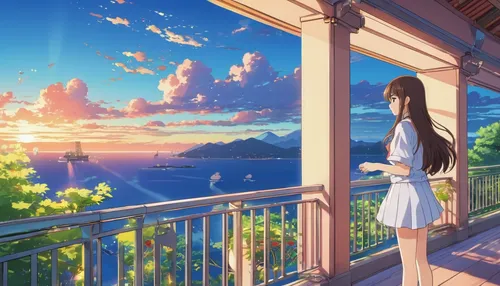 summer evening,ocean view,idyllic,balcony,roof landscape,the horizon,romantic scene,scenery,summer day,landscape background,sky apartment,horizon,summer sky,summer background,background images,evening atmosphere,beauty scene,on the roof,honolulu,sakura background,Illustration,Japanese style,Japanese Style 03