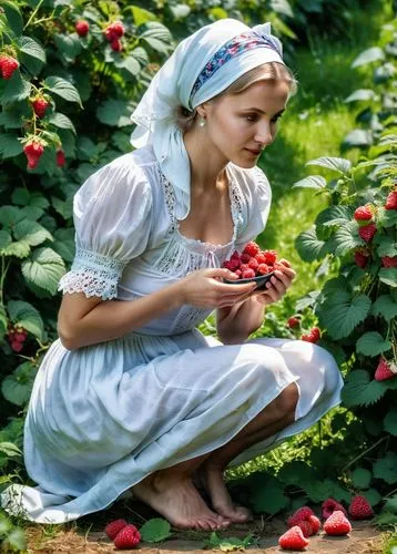 girl picking apples,girl picking flowers,girl in the garden,wild strawberries,woman eating apple,fruit picking,Photography,General,Realistic