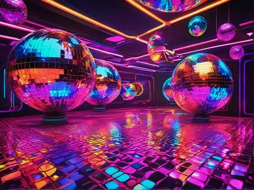 disco,nightclub,disco ball,prism ball,mirror ball,ballroom,dance club,80s,colored lights,party lights,clubbing,80's design,ufo interior,glass balls,go-go dancing,epcot ball,rave,discobole,3d background,3d fantasy,Illustration,Realistic Fantasy,Realistic Fantasy 38