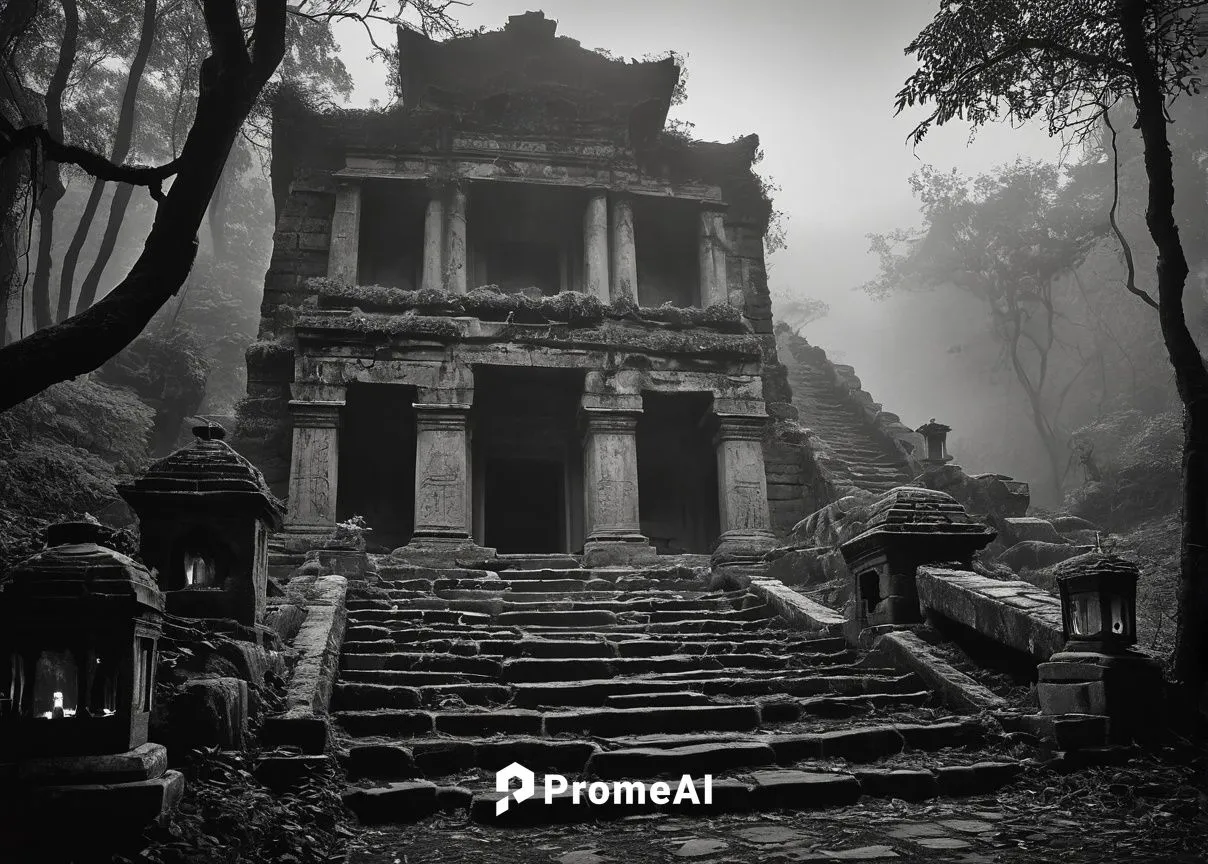 Ancient drapool, mysterious ancient structure, abandoned temple, intricate stone carvings, overgrown with vines, moss-covered steps, crumbling walls, mystical aura, misty atmosphere, fog rolling in, l