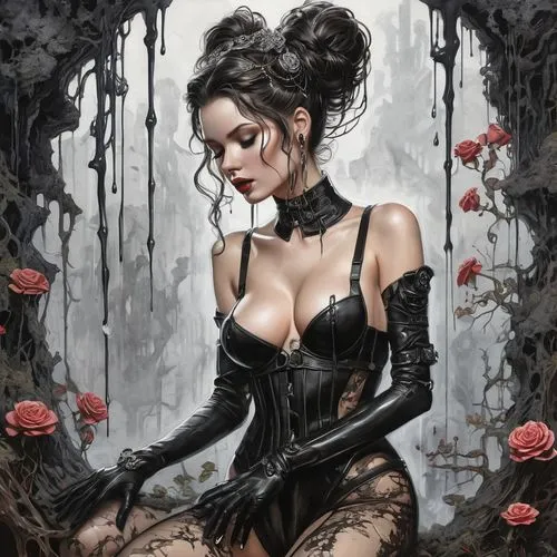 black rose,gothic woman,gothika,goth woman,belladonna,fallen petals,baroness,demoness,black queen,rosae,gothic dress,gothic,gothic style,red rose in rain,gothicus,unseelie,mistress,atrix,catwoman,scent of roses