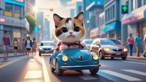 可愛的三花貓開車在車水馬龍裡穿梭,a cat riding a toy car down the street,kimbundu,citycat,cartoon cat,worldcat,street cat,dog street,Photography,General,Realistic