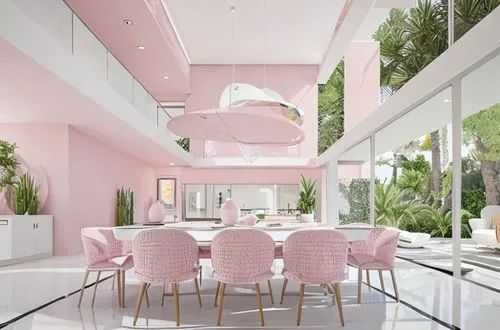 KARIM RAHID STYLE ARCHITECTURE, PURE STYLE ARCHITECTURE, GUIDANCE SCALE, LIGHT PINK AND WHITE, DINNING ROOM INTERIOR, LUXURY INTERIORISM HOUSE, WEST SUN POSITION, WET LANDSCAPE,–AR 16:9 – QUALITY 5- C