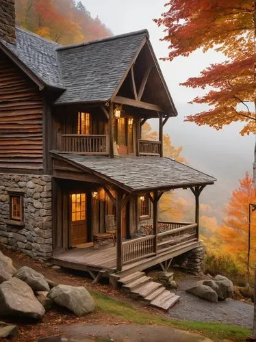 Rustic, mountain-style building, West Virginia, wooden cabin, stone foundation, pitched roof, overhanging eaves, wooden porch, swing chair, wooden rocking chair, lanterns, autumn foliage, surrounding 