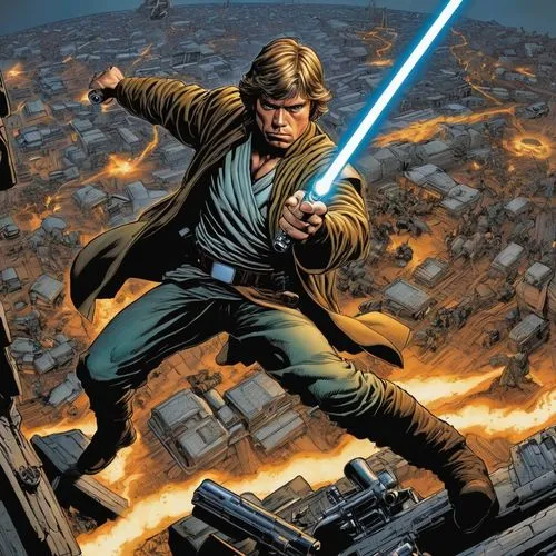 luke skywalker contre dark molle,a star wars episode art featuring luke stark, holding a sword and being hed over the edge of a city,hamill,katarn,skywalker,annakin,cassian,jedi,anakin,solo,coruscant,