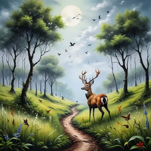 deer illustration,forest path,forest background,deer drawing,forest landscape,deers,forest of dreams,forest animals,forest road,pere davids deer,nature background,hiking path,stag,rehe,deer,fantasy picture,enchanted forest,fawns,faune,world digital painting,Illustration,Abstract Fantasy,Abstract Fantasy 14