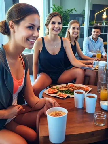 Cheerful get-together of young people.,several women sitting at a round table with food,women at cafe,bizinsider,cafeterias,long table,meetups,hostesses,Photography,General,Realistic