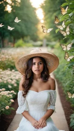 vietnamese woman,beautiful girl with flowers,yellow sun hat,wild jasmine,background bokeh,indian bride