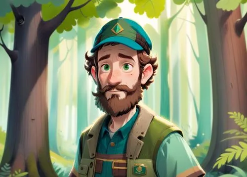 A 50 year old man, he is a forester, he is wearing an blue cap with a logo on it, his beard is greay and chesnuts colored, he is wearing forester clothes green and brown colored, he has a few rickles 