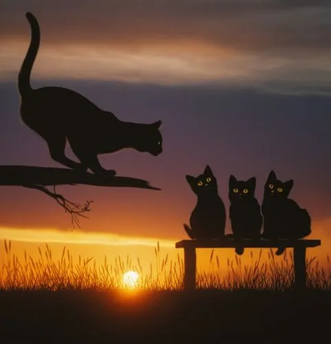 a cat and three kittens sitting on a bench at sunset with the sun in the background and a cat on the bench, Alison Kinnaird, magic realism, storybook illustration, a storybook illustration,cat silhoue