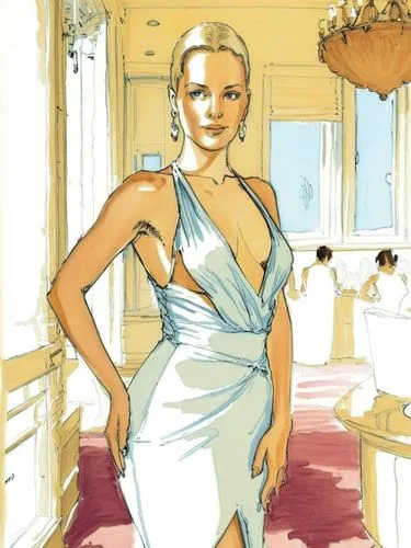 simple drawing of a woman with blonde hair in a dress near a window,a woman is standing in a white dress,vintage illustration,halston,art deco woman,siriano,fashion vector,evening dress,Conceptual Art