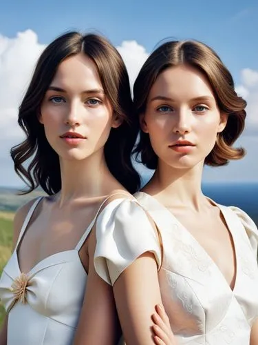 two women, at a suitable distance from each other,two models standing in front of the ocean wearing wedding gowns,delvaux,milkmaids,porcelain dolls,priestesses,lesbia,shepherdesses