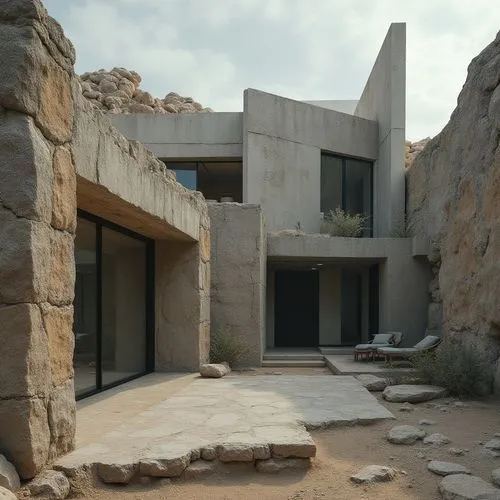 dunes house,siza,exposed concrete,corbu,stone house,quarry stone,travertine,seidler,breuer,cubic house,natural stone,stone ramp,concrete blocks,tuff stone dwellings,concrete construction,ragstone,rough plaster,amanresorts,modern architecture,knossos,Photography,General,Realistic