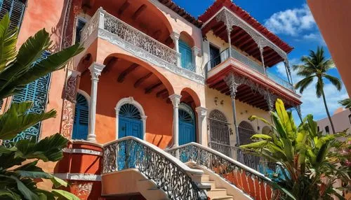 Colorful Puerto Rican architecture, La Fortaleza, San Juan, vibrant colors, ornate details, Spanish colonial style, red-tiled roofs, white stucco walls, wooden shutters, intricate ironwork, balconies 