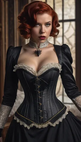 The black widow  in her new Victorian-era sex uniform wearing a corset,corset,bodice,victorian lady,gothic fashion,victorian style,overskirt,maureen o'hara - female,gothic portrait,breastplate,gothic 