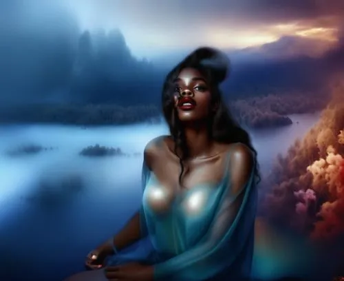 Beautiful nigerian girl, full dark curly hair, big dark almond eyes, full red lips, misty sky,a woman in blue dress sitting by water,sirenia,amerie,amphitrite,asherah,navys,inanna,Illustration,Realist