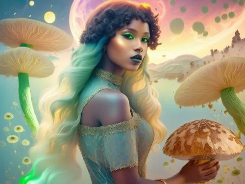 nude Beautiful nigerian girl, full dark curly hair, big green almond eyes, full black lips, misty sky,a woman standing next to a mushroom forest,leota,fairie,faerie,green mermaid scale,dryad,fae,Illus