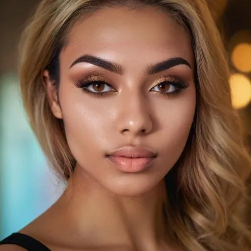 the woman has big brown eyes with a long, sleek blonde hair,jamilah,ash leigh,filipino,vixen,marshallese,eurasian