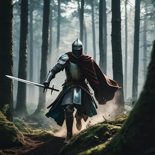 "As our protagonist, a courageous knight, strides through the ancient forest, the camera follows behind, capturing every determined step and the sway of their billowing cloak. Suddenly, the perspectiv