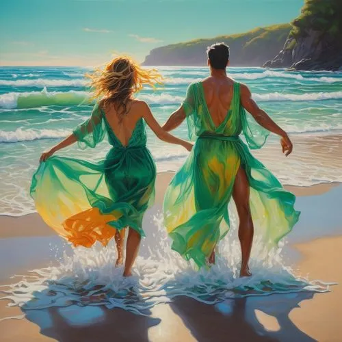 fischl,bathers,eurythmy,rhinemaidens,oil painting on canvas,donsky,Illustration,Realistic Fantasy,Realistic Fantasy 24