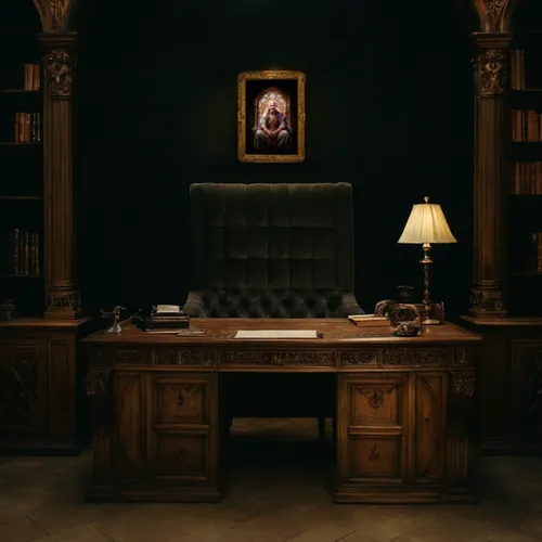 turn the external background part in to: a Renaissance office with a desk on the front in a fantasy style,dark cabinetry,secretary desk,a dark room,consulting room,the throne,writing desk,danish room,