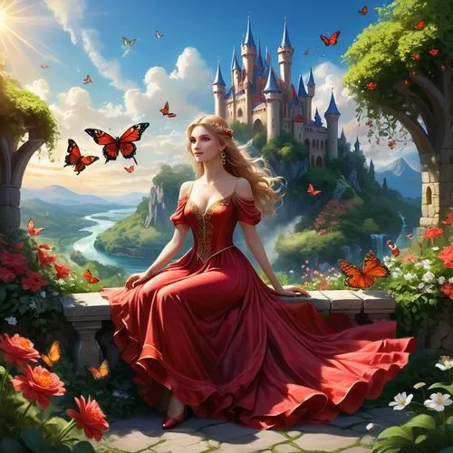 fantasy picture,fantasia,fairy tale,fairy tale character,a fairy tale,fairy tale castle,cinderella,belle,fairytale,fairytales,rapunzel,disney rose,fantasy art,world digital painting,eilonwy,fairy world,rosa 'the fairy,red gown,thumbelina,enchanted,Illustration,Realistic Fantasy,Realistic Fantasy 01