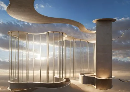 sky space concept,earthship,futuristic architecture,futuristic landscape,futuristic art museum,pillars,arcology,the pillar of light,arcona,unbuilt,observation tower,heatherwick,triforium,spiral staircase,3d rendering,revolving light,solar cell base,sandglass,mirror house,the energy tower,Photography,General,Realistic