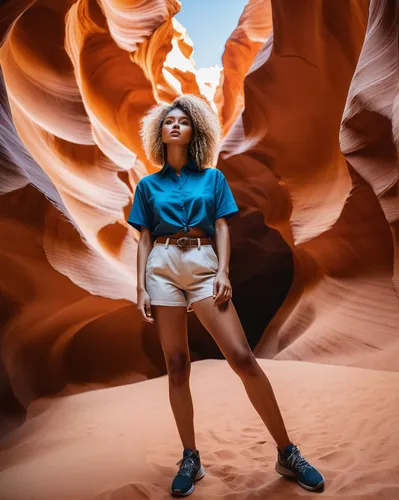 full body photo of a woman with a mix of European and African American mix, bright blue eyes caramel-toned skin, wavy short blonde hair,  she is wearing shorts and shirt she is in antelope canyon. Pho