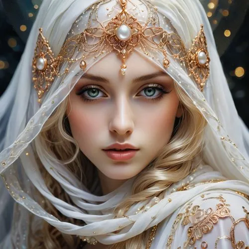 white rose snow queen,faery,gold filigree,mystical portrait of a girl,the snow queen,priestess,bridal accessory,the angel with the veronica veil,fairy queen,white lady,bridal clothing,fantasy portrait,beautiful bonnet,suit of the snow maiden,bridal,bridal jewelry,filigree,romantic portrait,sorceress,the enchantress,Illustration,Realistic Fantasy,Realistic Fantasy 04