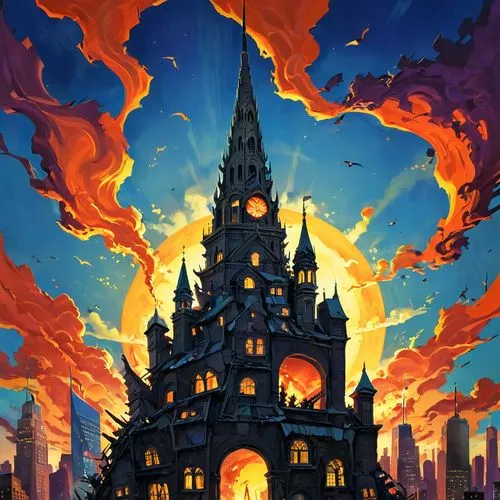 castlevania,fantasy city,ghost castle,haunted cathedral,gold castle,city in flames,castle of the corvin,witch's house,fairy tale castle,knight's castle,skotnikov,haunted castle,fantasy world,new castle,magorium,chomet,archvillain,notredame,house silhouette,firelands,Illustration,Children,Children 01