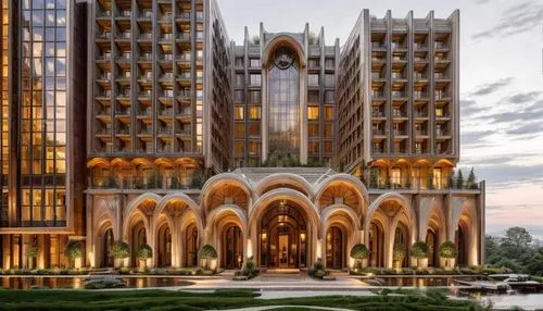 5 star hotel exterior design . exterior design as per ref. image . and 
,an exterior view of a large building with glass facade,largest hotel in dubai,triforium,kempinski,habtoor,rotana,mgimo,Architec