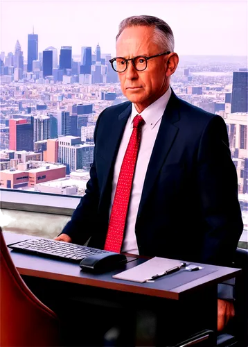 Businessman, investor, mature, suited, tie, glasses, briefcase, laptop, charts, graphs, office desk, leather chair, cityscape background, morning light, high-angle shot, cinematic composition, shallow