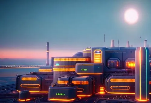 a futuristic nuclear power plant and an acid lake, sandy lands,solar cell base,futuristic landscape,space port,electric tower,cellular tower,hub,sky space concept,metropolis,valerian,power towers,refi