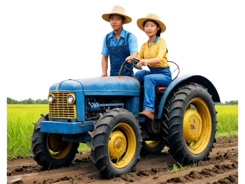 Rustic tractor, old farmer, straw hat, bushy eyebrows, worn denim overall, muddy boots, detailed engine, metal grille, rusty bumper, vintage headlights, grassy field, sunny afternoon, warm lighting, s